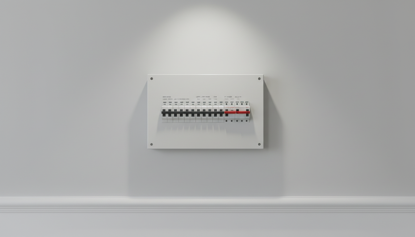 A sleek, modern consumer unit with a matte white metal finish and neatly labeled circuits, installed on a freshly painted light grey wall. The unit is perfectly aligned above a structured baseboard, surrounded by uncluttered surfaces and subtle shadow lines. Soft diffused artificial lighting from above highlights the smooth texture of the casing and clean lines, casting gentle shadows for depth. The mood is calm and professional, with a strong emphasis on order and reliability. Framed in a centered, eye-level composition with a sharp focus to clearly capture technical detail, the image exudes corporate efficiency and aligns with a photographic realism and minimalist aesthetic, perfectly representing a trusted electrical contractor's services.